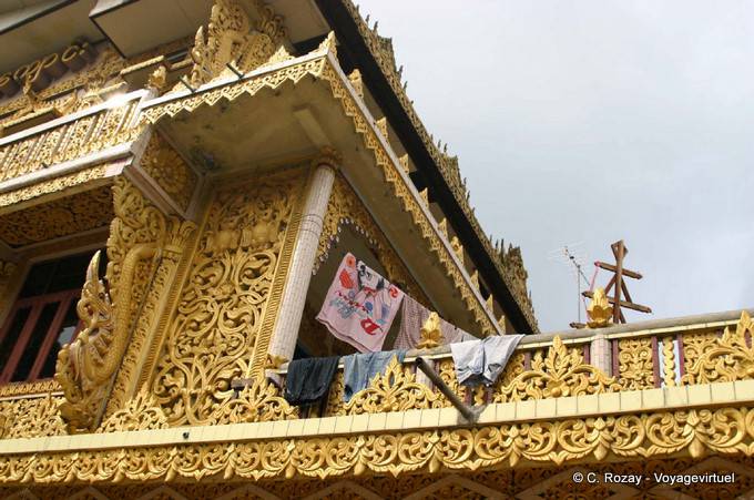 Laundry drying and monastery architecture, Rangoon - Myanmar (Burma)