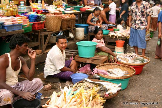 Chicken and fish stalls at street market, Yangon - Myanmar (Burma)