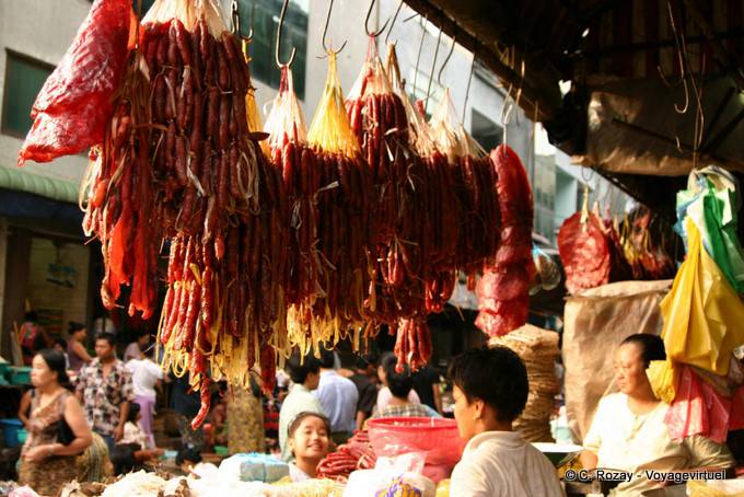 Sausages hanging to the market, Rangoon - Myanmar (Burma)