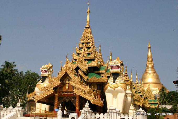 Two chintheis (carved lions) at the entrance of the Shwedagon Pagoda, Rangoon - Myanmar (Burma)