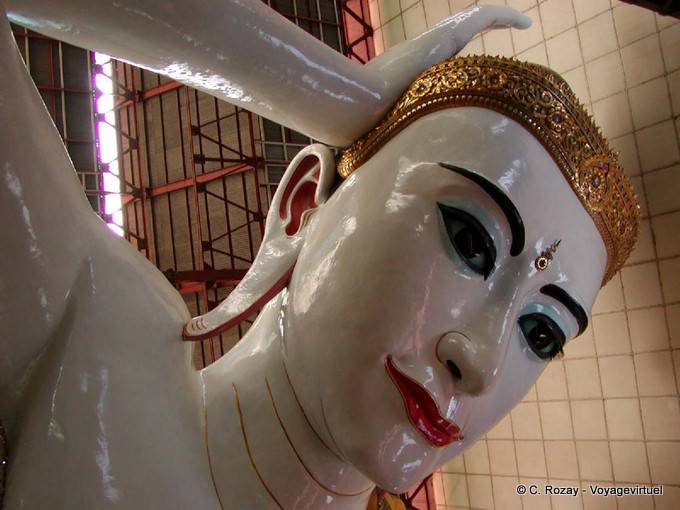 Another view of the elongated Buddha, Kyaukhtatgyi Pagoda, Rangoon - Myanmar (Burma)