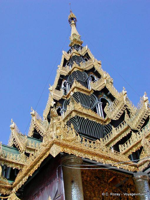 Beautiful architecture of a Pyatthat roof crowned by a drunk taing, Shwedagon Pagoda, Yangon - Myanmar (Burma)