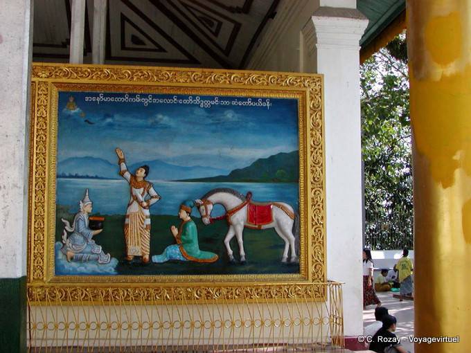 Relief table illustrating a moment of the life of Buddha, Shwedagon Pagoda, Yangon - Myanmar (Burma)