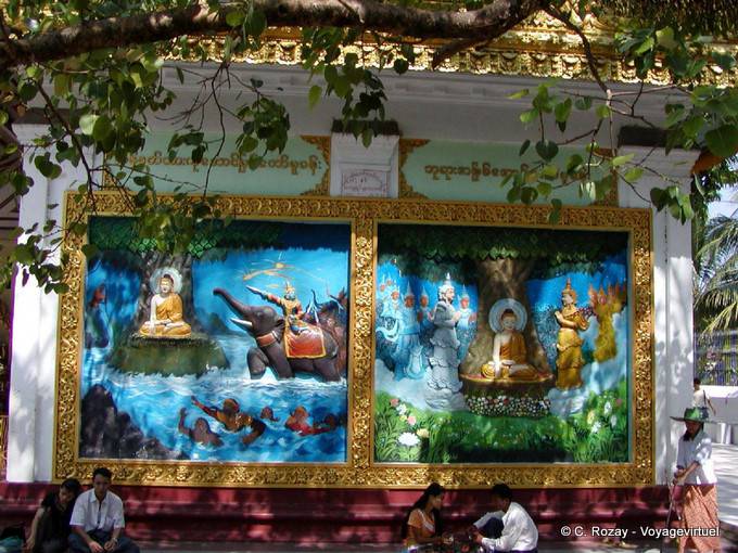 Relief mural depicting scenes from the life of Buddha, Shwedagon Pagoda, Rangoon - Myanmar (Burma)