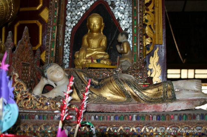Another Buddha lying ornate Nga Phe Chaung Monastery, Inle Lake, Sagar - Myanmar (Burma)