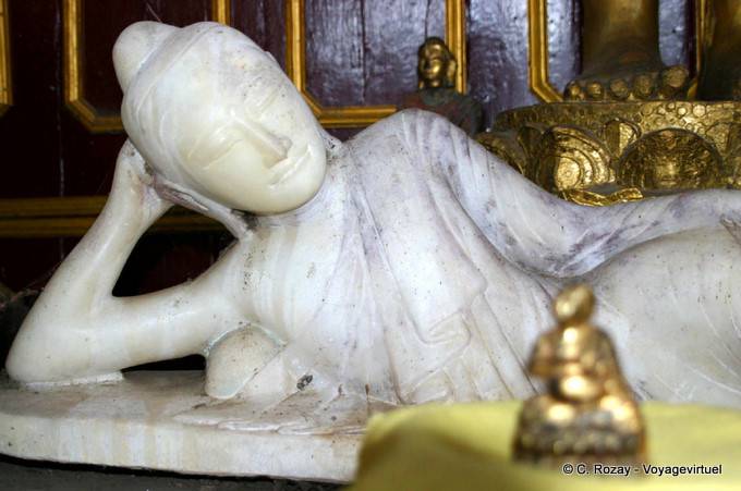 White marble reclining Buddha Nga Phe Chaung Monastery, Inle Lake, Sagar - Myanmar (Burma)