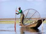 Fisherman using his paddle as a navigation pole, Inle Lake, Burma.