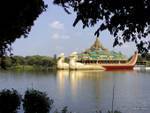 Karaweik replica of Burmese royal barge on Kandawgyi Lake, Yangon, Burma.