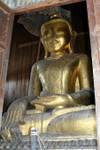 Golden Buddha seated, jumping cats monastery, Nga Phe Chaung, Inle Lake, Burma.