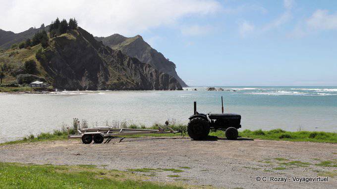 Tractor boat down the beach road, Tokomaru Bay, East Cape - New Zealand