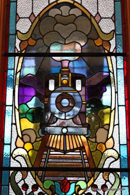 Stained glass window depicting a locomotive, Dunedin, Railway Station - New Zealand