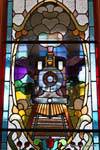Stained glass window depicting a locomotive, Dunedin, Railway Station, New Zealand.