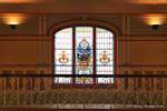 Stained glass interior balcony, Dunedin, Railway Station, New Zealand.