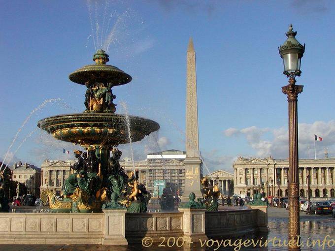 Between fountain of rivers and lamppost, Place de la Concorde, Paris, France