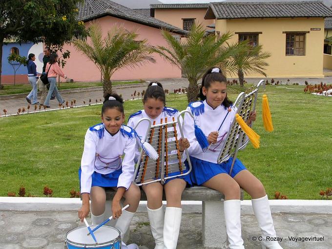 Young cheerleaders and their musical instruments, Otavalo -Ecuador