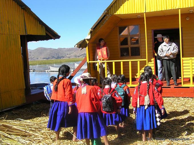 Mats in rows in front of the school, Titicaca lake -Peru
