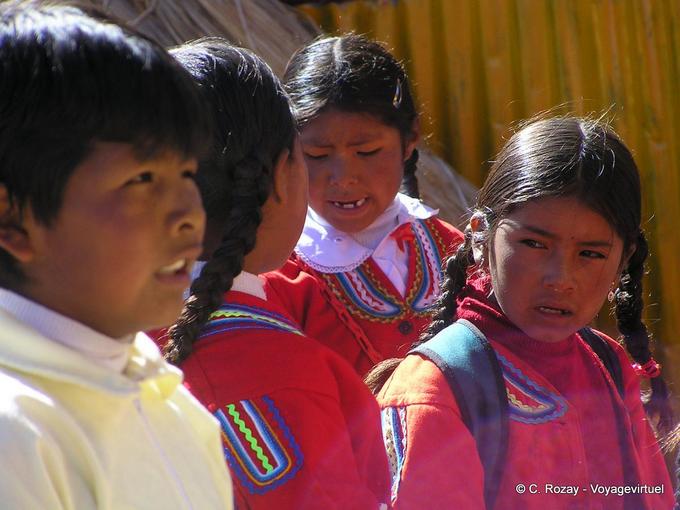 Aymara child portrait in uniform for school, Lake Titicaca -Peru