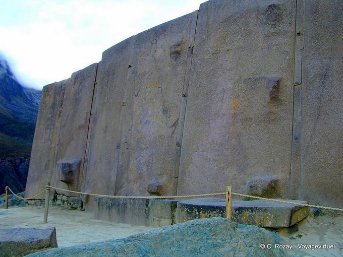 Ollantaytambo, the temple remains in blocks of red porphyry and relief of Pachamama -Peru
