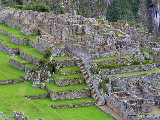The Intihuatana and temples from Plaza Sagrada, Macchu Pichu -Peru