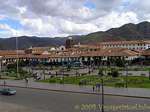 Plaza de Armas view from the steps of the Cathedral of Cusco, Peru.