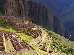 Machu Picchu, temples and houses overlooking the Urubamba Valley, Peru.