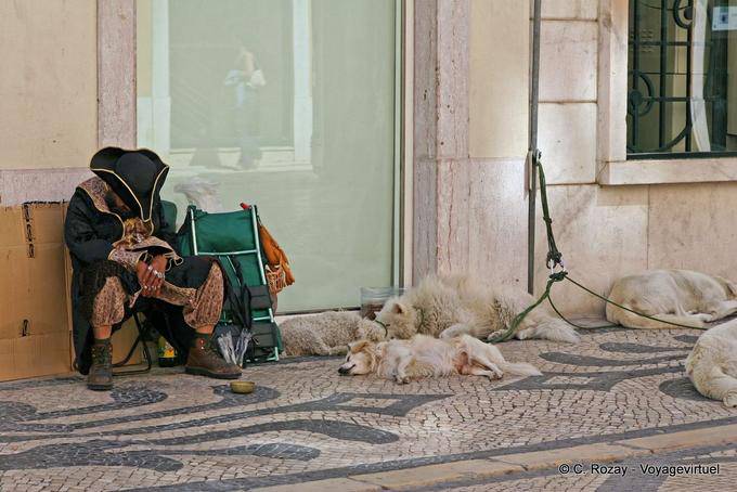 A character on the sidewalk with his dogs, Baixa, Lisbon - Portugal