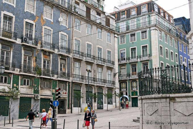Baixa, facades of buildings covered with ceramic tiles, Lisbon - Portugal