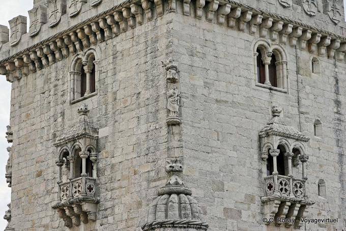 Close-up on the architecture of the dungeon tower of Belém, Lisbon - Portugal