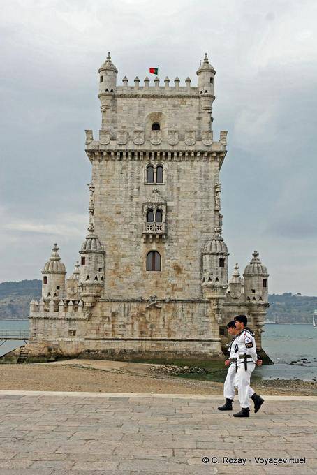 Sailors past Belém Tower, north face, Lisbon - Portugal