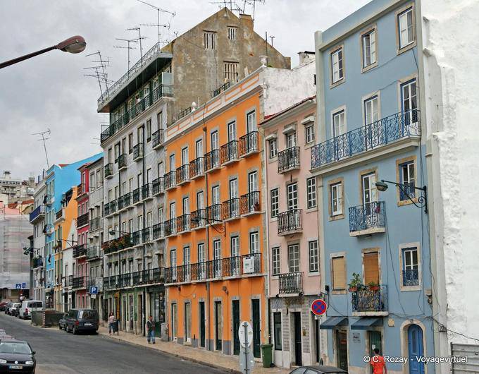 Colored houses, streets of Sao Bento, Estrela, Lisbon - Portugal