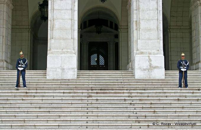 The guards on the steps of the Assembleia da Republica, Estrela, Lisbon - Portugal