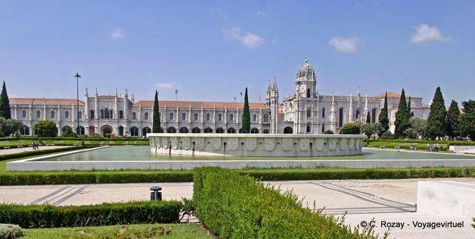 Panorama from the garden pond, back Jerónimos Monastery, Lisbon - Portugal
