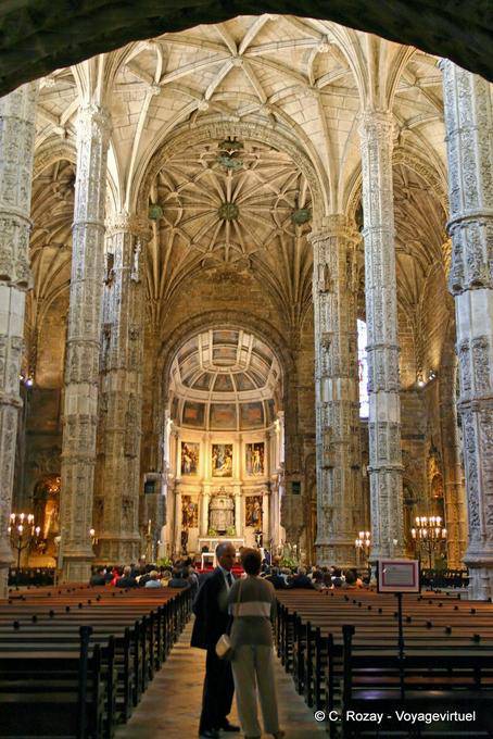 The nave and the Manueline vault Maria church in Belem, Jeronimos Monastery back, Lisbon - Portugal