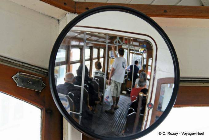 View in the rearview mirror of the Eléctrico, Lisbon - Portugal