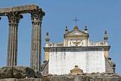 Roman temple fragment seen from the Largo do Conde Vila Flor, Evora, Portugal.