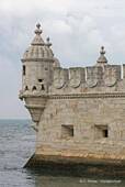 The Moorish watchtowers and battlements of the Tower of Belém, Lisbon, Portugal.
