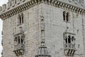 Close-up on the architecture of the dungeon tower of Belém, Lisbon, Portugal.