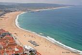 The bay and the Great Beach of Nazaré views Sitio, Portugal.