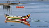 Reflection of crescent-shaped boat, Torreira, Portugal.