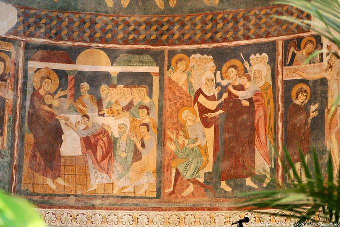 Basilica della Santissima Trinita di Saccargia, close-up on a painting of the choir - Sardinia