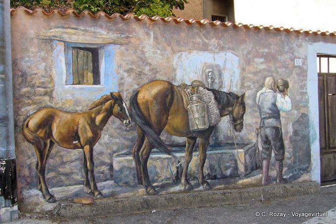 Fonni, the horses to water and the man is refreshing, mural - Sardinia