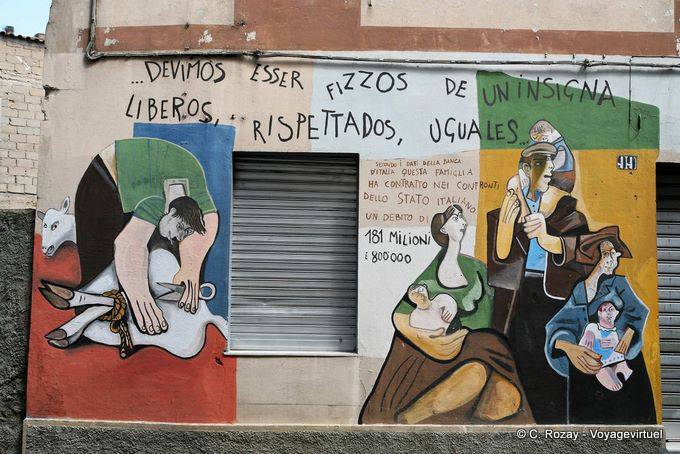 Orgosolo, shearing sheep and family, murals - Sardinia