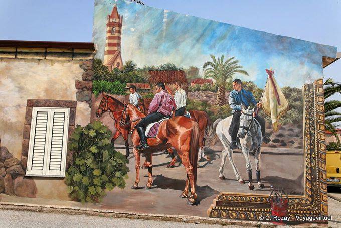 Tinnura, riders of the Palio, murals - Sardinia