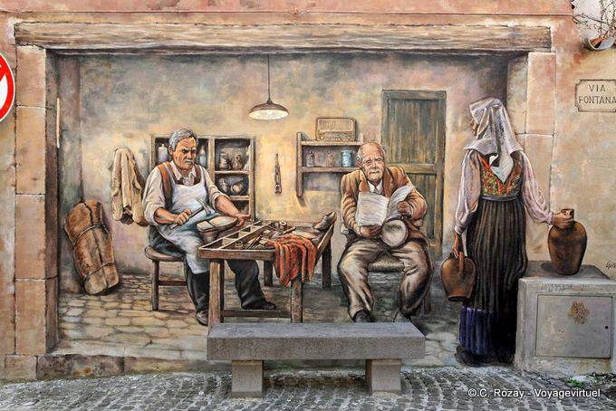 Tinnura, the shoemaker in his shop, Via Fontana, murals - Sardinia