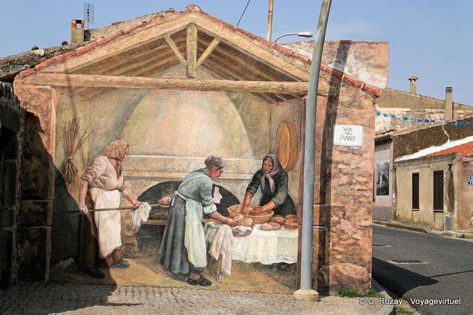Tinnura, bread making by women, Via del Pane, murals - Sardinia
