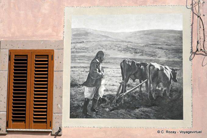 Tinnura, plowing scene, black and white paint - Sardinia