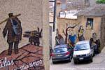 Orgosolo, the pick of wood and a scene of everyday life, murals, Sardinia.