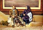 Sennariolo, the couple and the dog waiting under the table, wall painting, Sardinia.