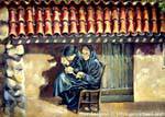 Sennariolo, seamstresses away, mural, Sardinia.