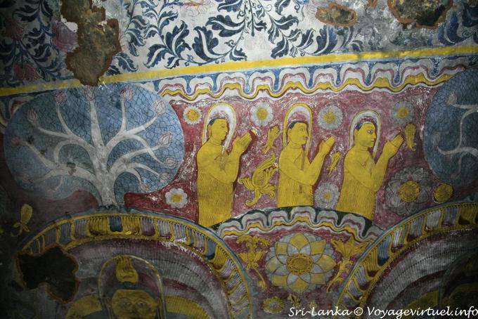 Wall Painting with tree and Arhat Bikus, Second New Temple, Dambulla - Sri Lanka Ceylon